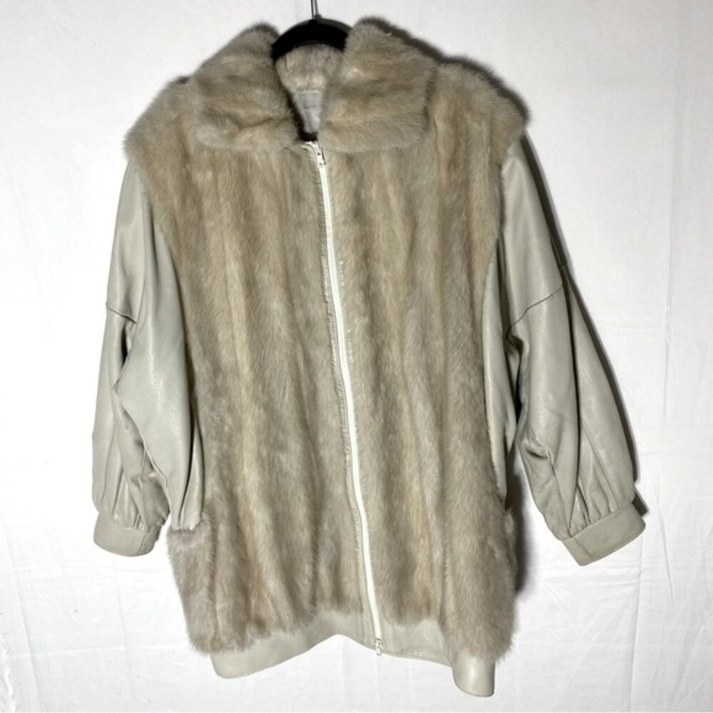Vintage Oversized Beige Leather Tan Fur zip Front Bomber Style Jacket Coat XXL